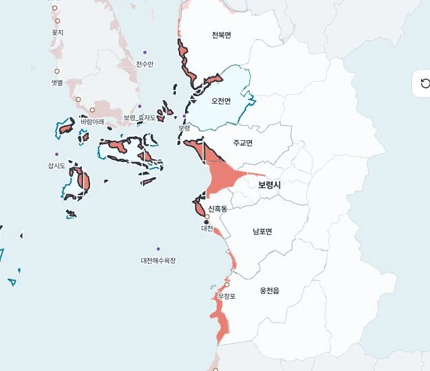 Halia map connecting coastal marine areas with local administrative boundaries near Boryeong.